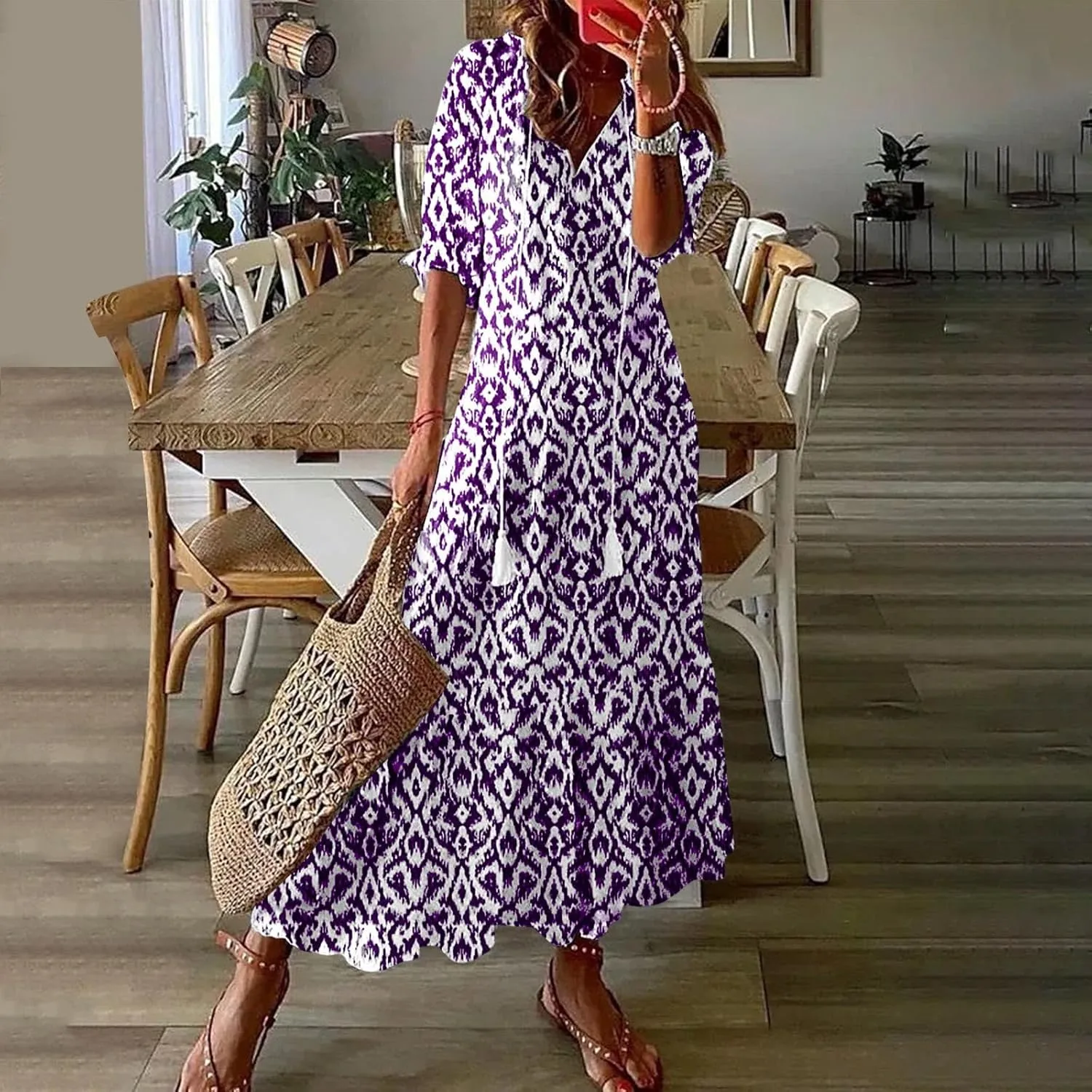 Women's Casual Loose Boho Floral Dresses 2025 Short Sleeve Drawstring V Neck Ruffle A Line Flowy Summer Beach Maxi Dress