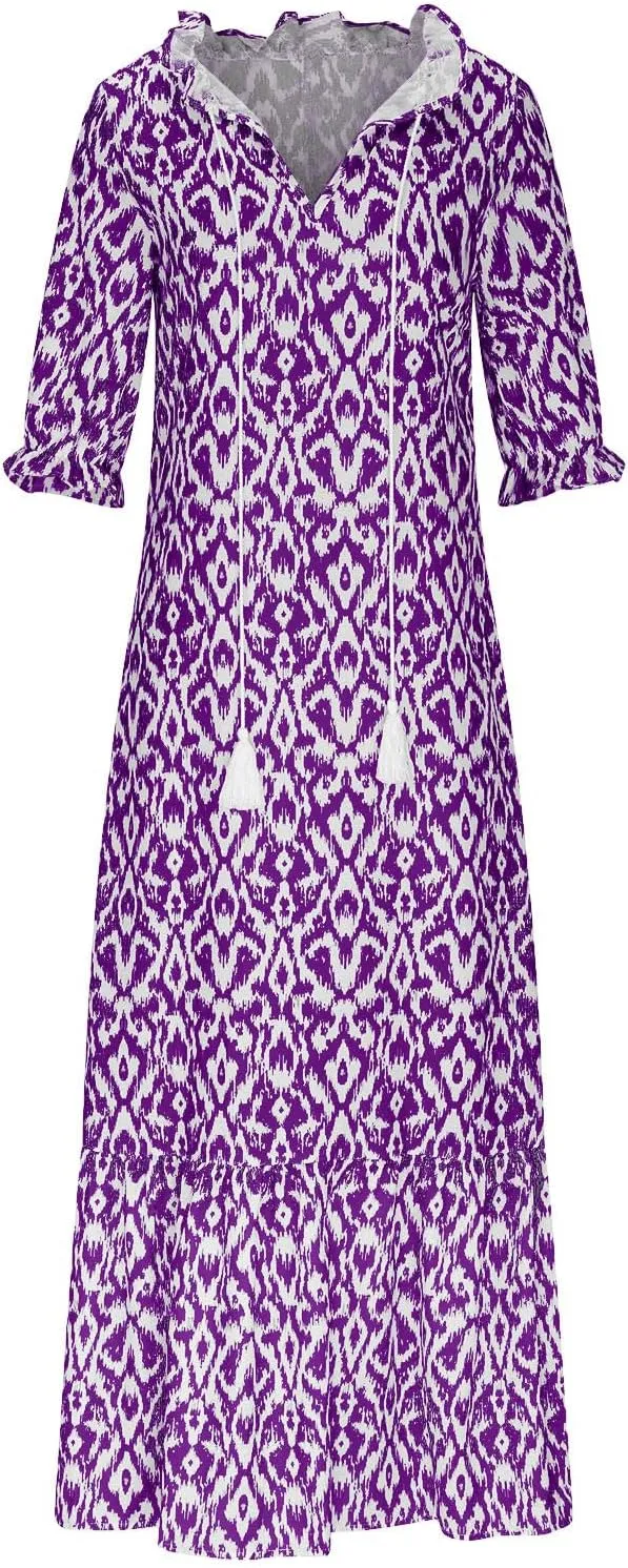 Women's Casual Loose Boho Floral Dresses 2025 Short Sleeve Drawstring V Neck Ruffle A Line Flowy Summer Beach Maxi Dress