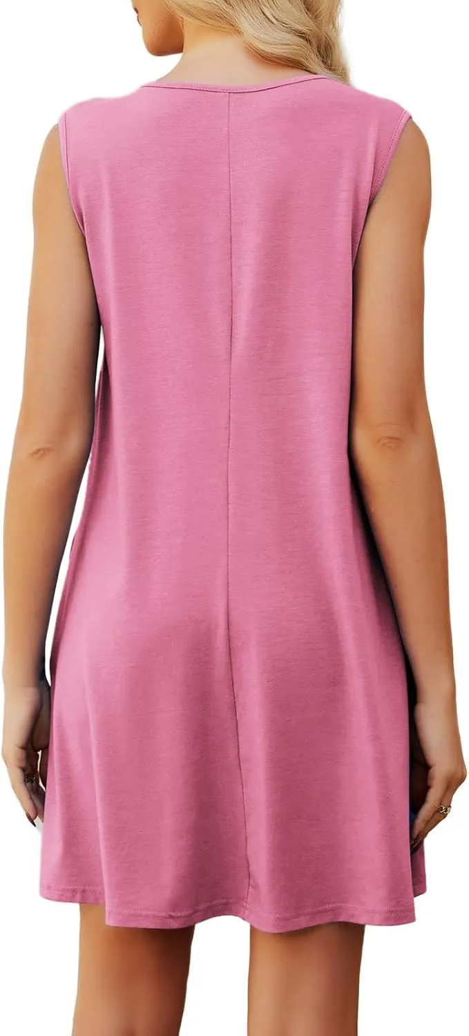 Womens Casual Summer Dresses V Neck Sleeveless Tank Dress with Pockets Pleated Flowy Mini Sundress 2025