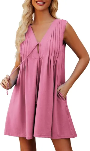 Womens Casual Summer Dresses V Neck Sleeveless Tank Dress with Pockets Pleated Flowy Mini Sundress 2025