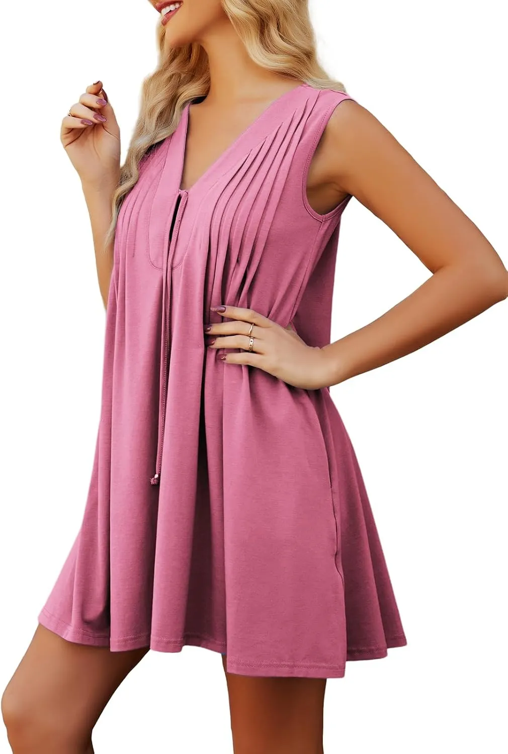Womens Casual Summer Dresses V Neck Sleeveless Tank Dress with Pockets Pleated Flowy Mini Sundress 2025