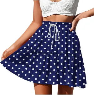 Women's Casual Summer Skirts High Waist Pleated Skirts A-Line Flowy Swing Tiered Skirt Polka Dots Beach Skirt