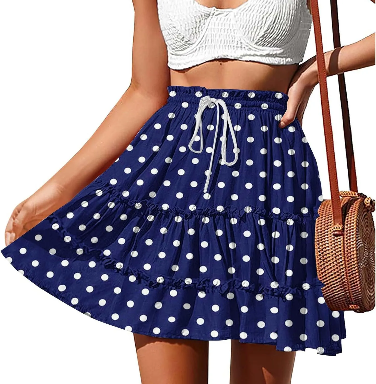 Women's Casual Summer Skirts High Waist Pleated Skirts A-Line Flowy Swing Tiered Skirt Polka Dots Beach Skirt