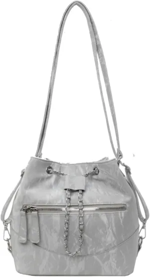 Women's Crossbody Bag Convertible Shoulder Bag - PU Leather Small Bucket Purse with Phone Pocket, Silver Chain Strap for Daily Essentials (8.6x9.4x5.1in)