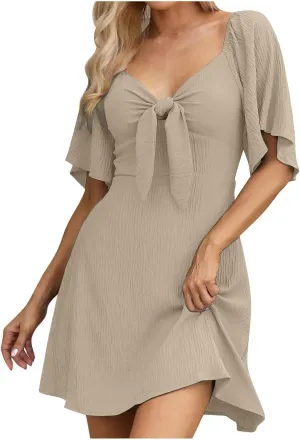 Womens Dresses 2024 Spring Summer Deep V Neck Elegant Bow Tie Mini Dress Short Sleeve Solid Casual Graduation Dress