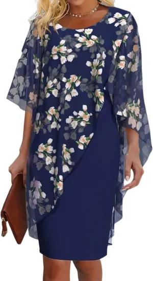 Women's Elegant Evening Dress Chiffon Cape Cocktail Dress Knee Length Floral Print Dress with Overlay Mini Dress