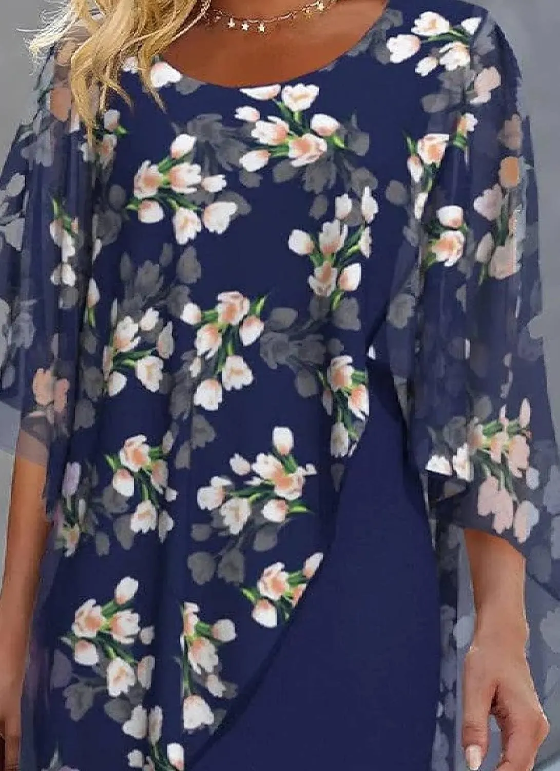 Women's Elegant Evening Dress Chiffon Cape Cocktail Dress Knee Length Floral Print Dress with Overlay Mini Dress