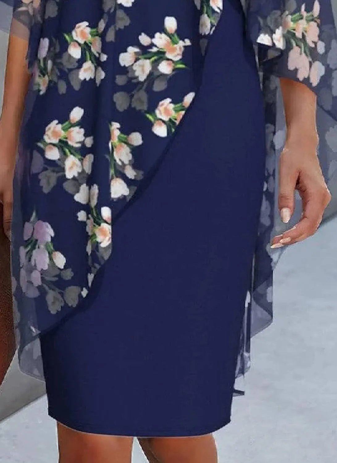 Women's Elegant Evening Dress Chiffon Cape Cocktail Dress Knee Length Floral Print Dress with Overlay Mini Dress