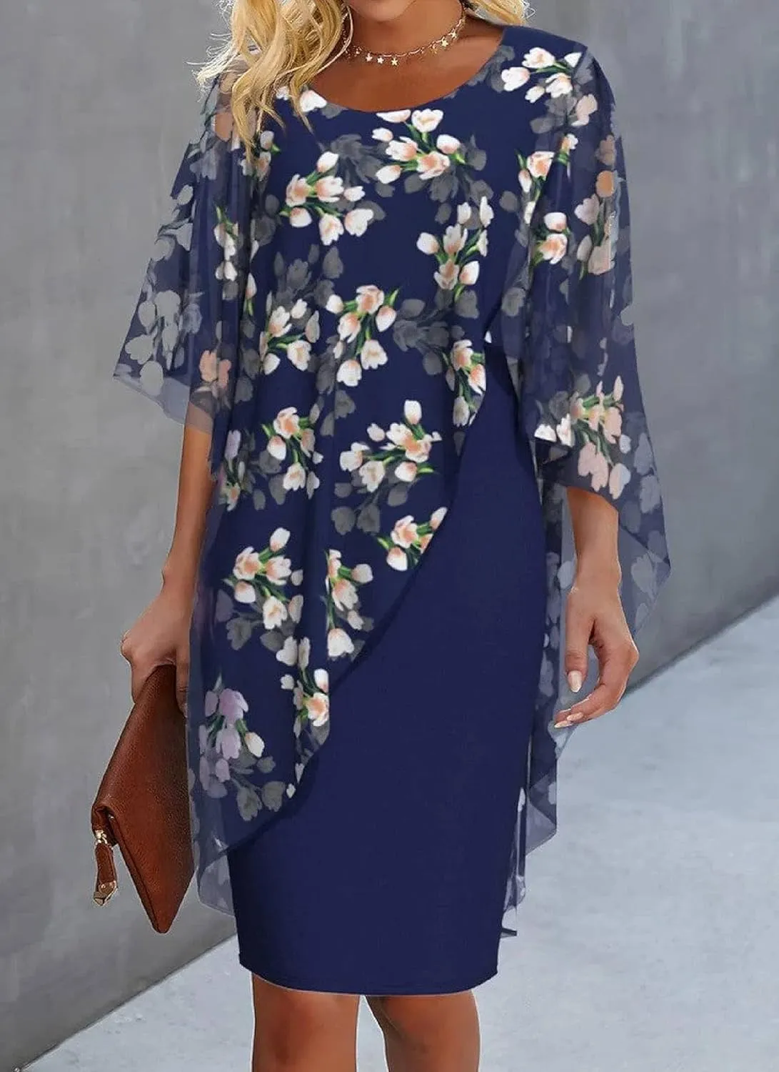 Women's Elegant Evening Dress Chiffon Cape Cocktail Dress Knee Length Floral Print Dress with Overlay Mini Dress