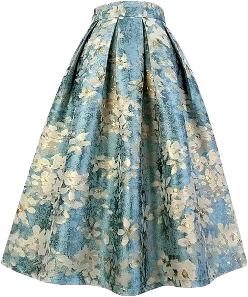 Women's Embroidery Vintage Social Skirt Slim Fit High Waist Long Pleated Midi Skirt 01 XL#85cm Length