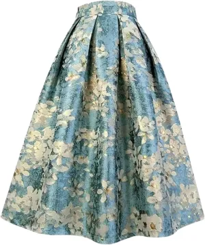 Women's Embroidery Vintage Social Skirt Slim Fit High Waist Long Pleated Midi Skirt 01 XL#85cm Length