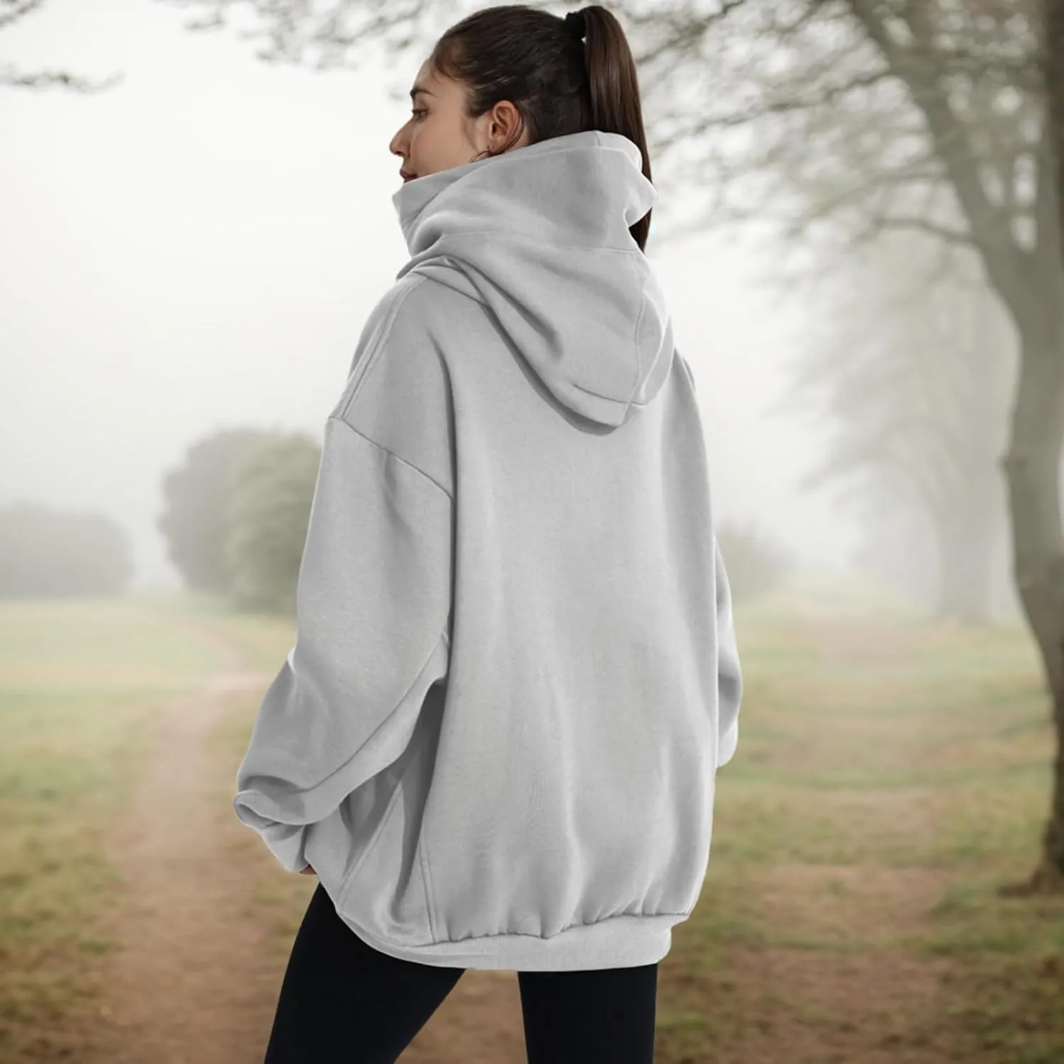 Womens Fleece Hoodie with Scarf Soft Cotton Oversized Pullover Casual Hooded Sweatshirts Fall Winter Clothes