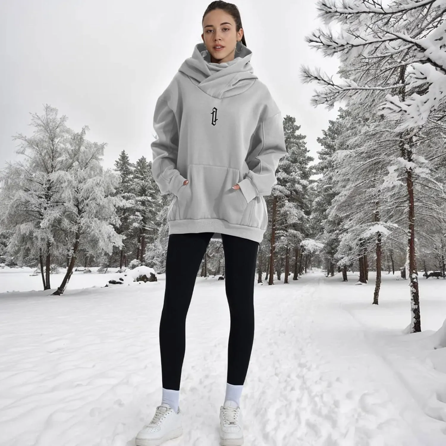 Womens Fleece Hoodie with Scarf Soft Cotton Oversized Pullover Casual Hooded Sweatshirts Fall Winter Clothes