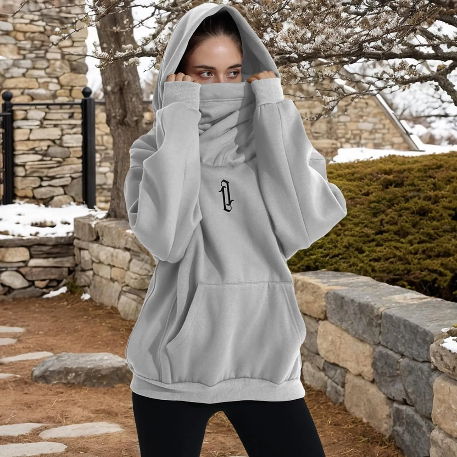 Womens Fleece Hoodie with Scarf Soft Cotton Oversized Pullover Casual Hooded Sweatshirts Fall Winter Clothes