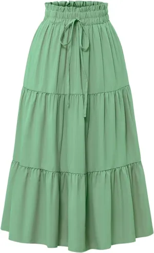 Womens Floral Maxi Skirt Summer Comfy Tiered Elastic High Waisted Long Skirts Vacation A Line Flowy Swing Skirt