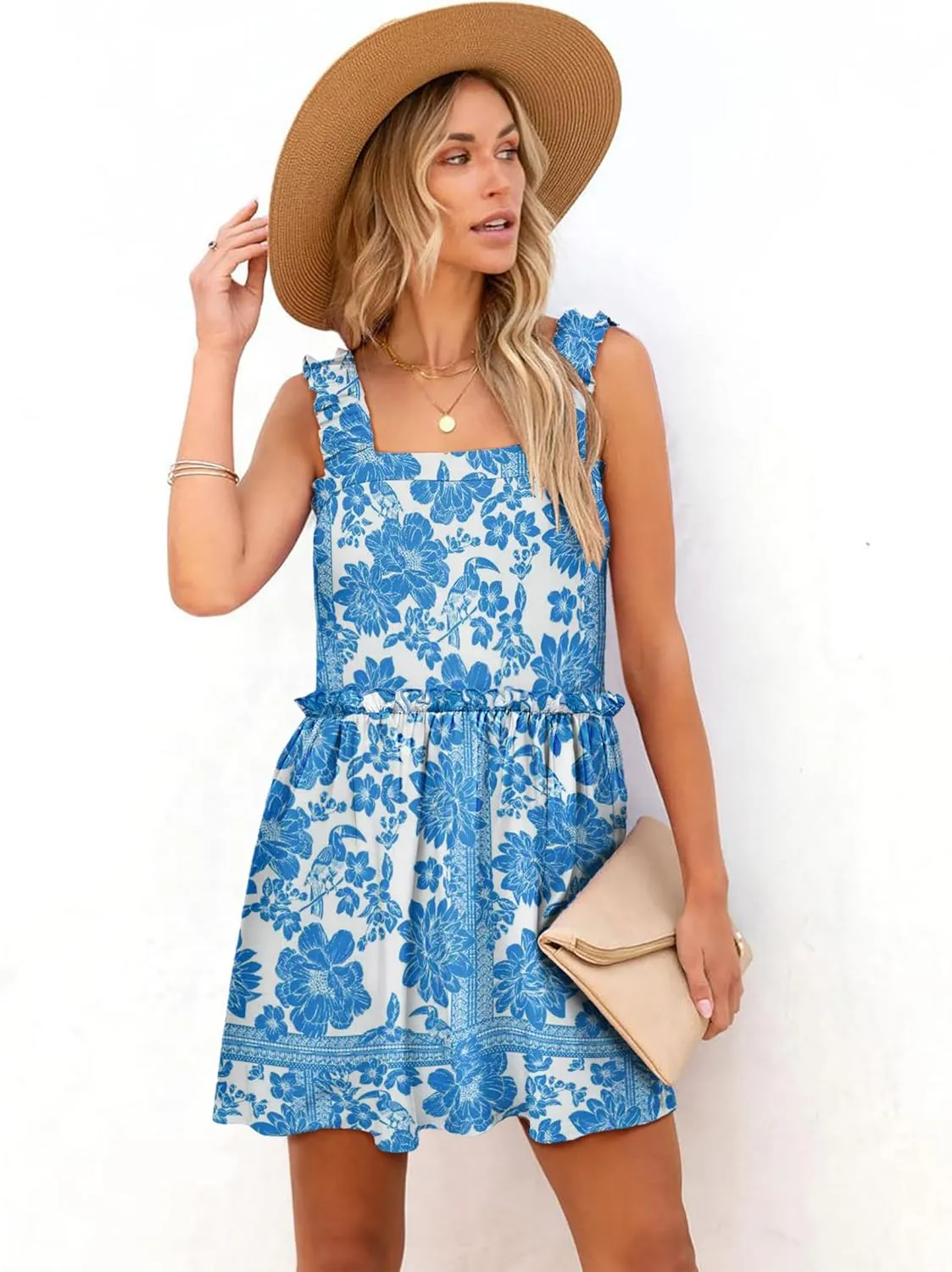 Women's Floral Summer Mini Dresses Ruffle Straps Boho Tiered Babydoll Tank Sundress Beach Vacation Short Dresses