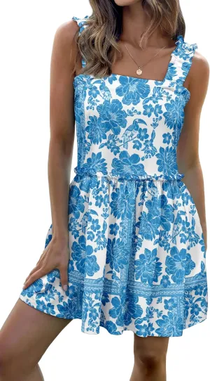 Women's Floral Summer Mini Dresses Ruffle Straps Boho Tiered Babydoll Tank Sundress Beach Vacation Short Dresses