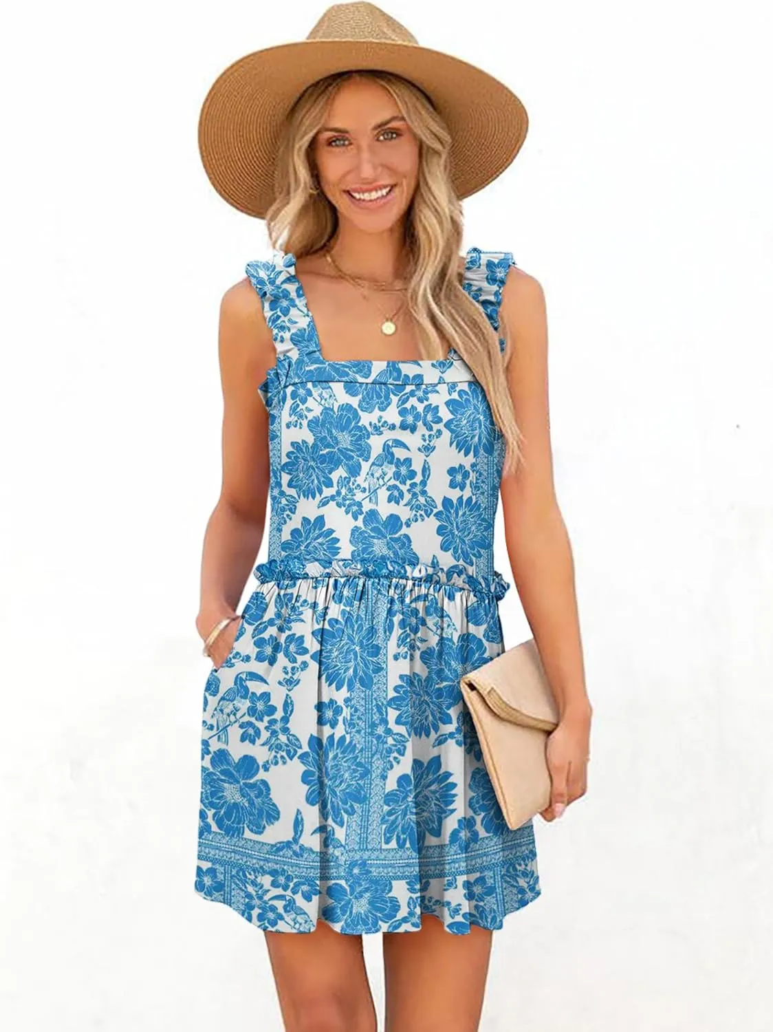 Women's Floral Summer Mini Dresses Ruffle Straps Boho Tiered Babydoll Tank Sundress Beach Vacation Short Dresses