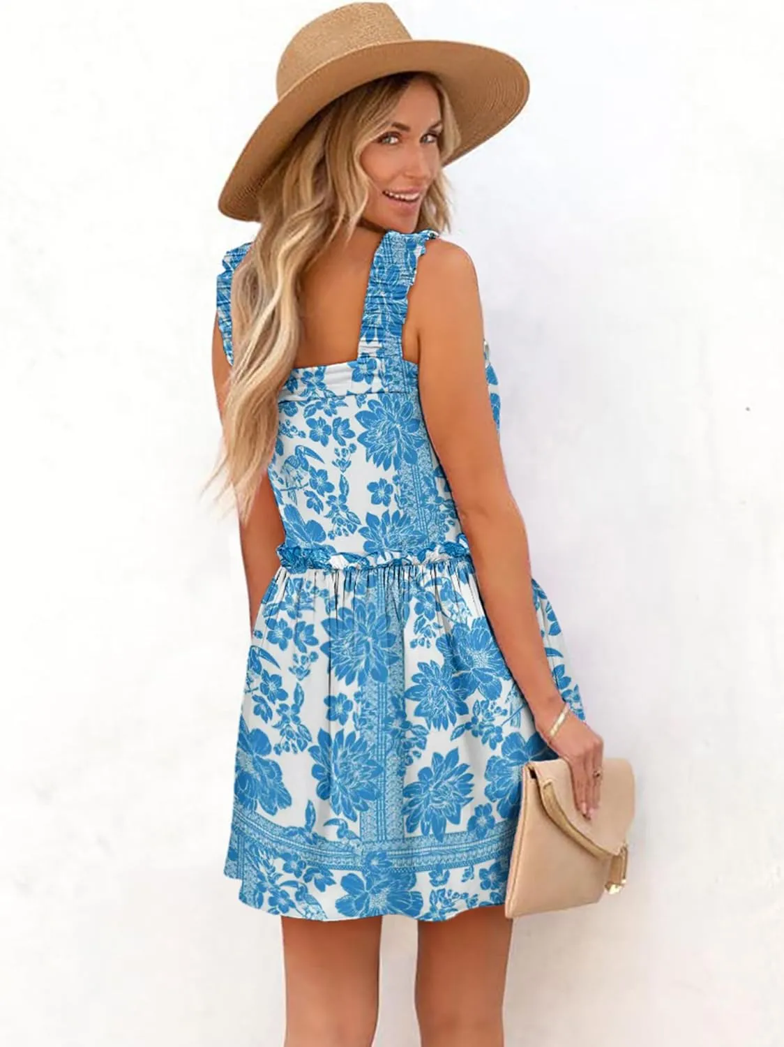 Women's Floral Summer Mini Dresses Ruffle Straps Boho Tiered Babydoll Tank Sundress Beach Vacation Short Dresses