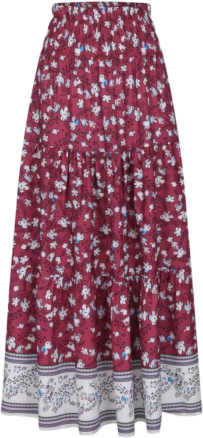 Women's Flowy Skirts Casual Fashion Summer Boho Floral Print High Waist Pleated Beach Knee Length Midi Skirt