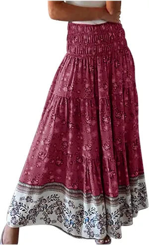 Women's Flowy Skirts Casual Fashion Summer Boho Floral Print High Waist Pleated Beach Knee Length Midi Skirt