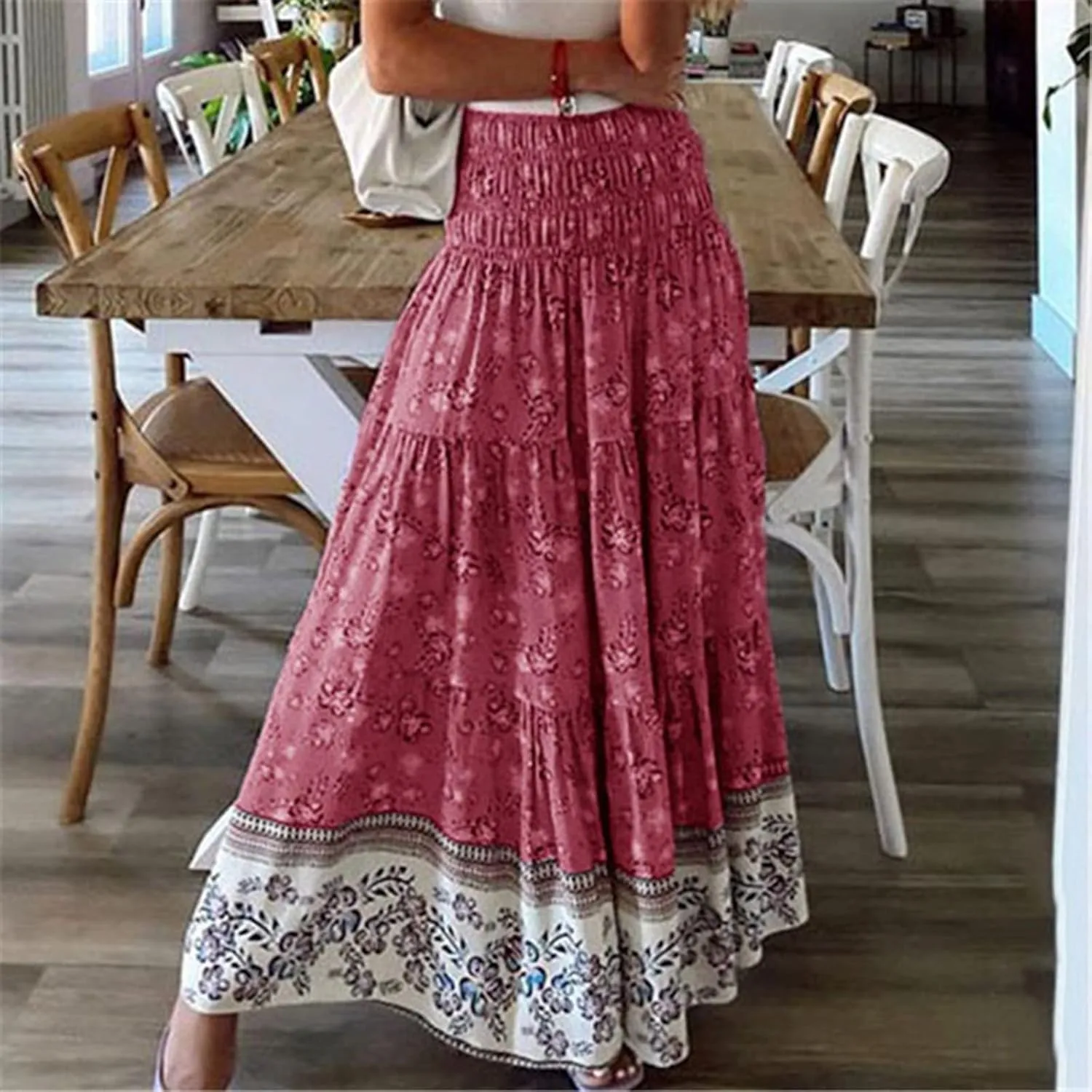 Women's Flowy Skirts Casual Fashion Summer Boho Floral Print High Waist Pleated Beach Knee Length Midi Skirt