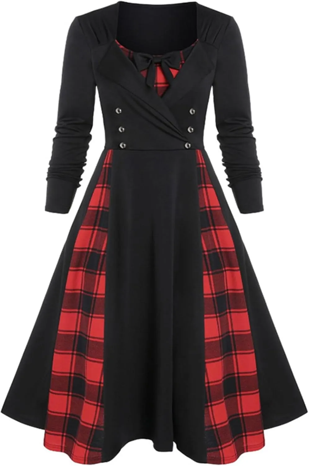 Women's Gothic Dress Steampunk Vintage Tea Dress Halloween Party Dresses Long Sleeve Lace Splicing Swing Dresses