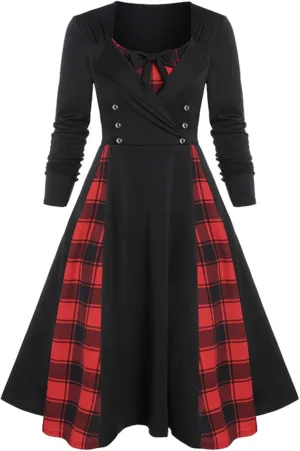Women's Gothic Dress Steampunk Vintage Tea Dress Halloween Party Dresses Long Sleeve Lace Splicing Swing Dresses