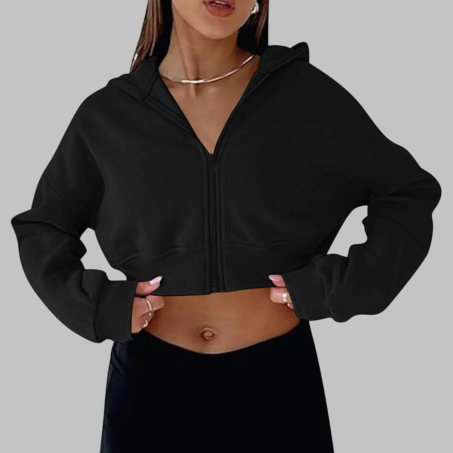 Women's Half Zipper Cropped Sweatshirts Hoodie Pullover, 2024 Outfits Loose Basic Comfy Basic Tops with Thumb Hole