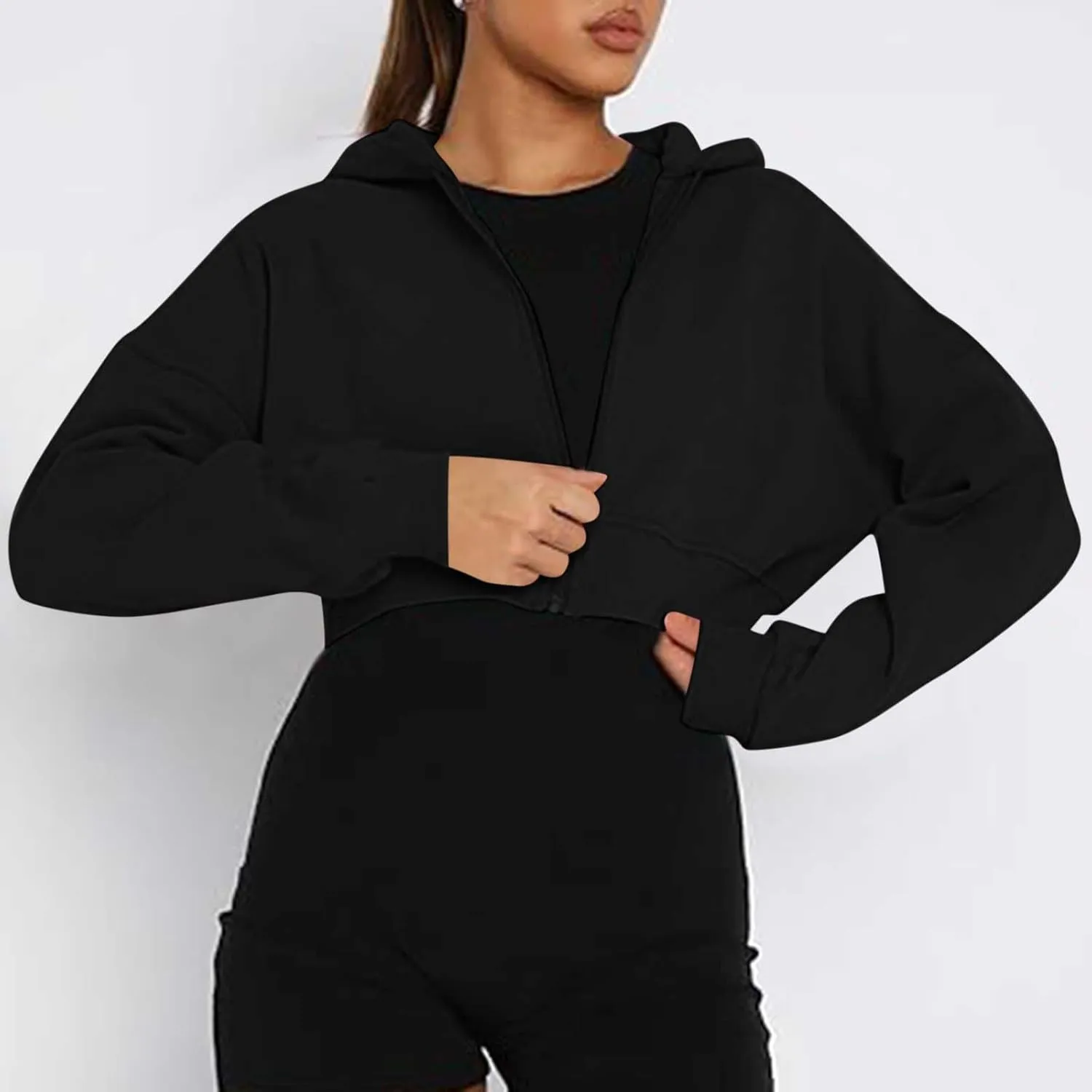Women's Half Zipper Cropped Sweatshirts Hoodie Pullover, 2024 Outfits Loose Basic Comfy Basic Tops with Thumb Hole