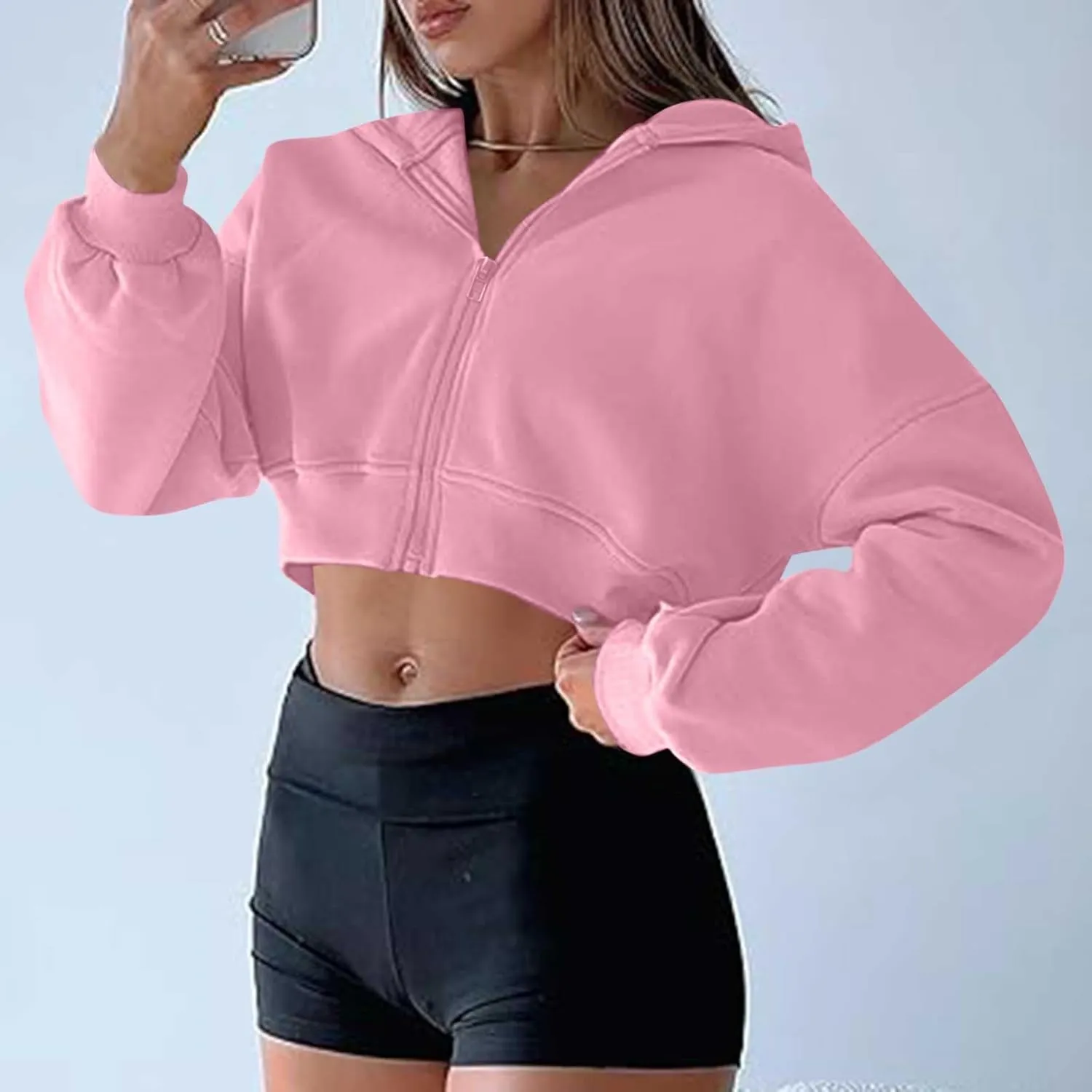 Women's Half Zipper Cropped Sweatshirts Hoodie Pullover, 2024 Outfits Loose Basic Comfy Basic Tops with Thumb Hole
