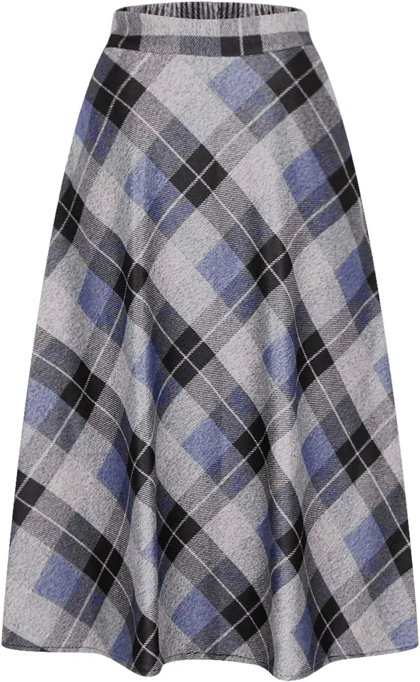 Women's High Waist Plaid A Line Skirts Vintage Elastic Pleated Plus Size Skirt Retro Elegant Business Dress