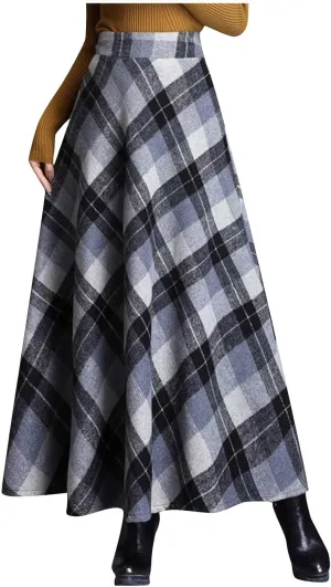 Women's High Waist Plaid A Line Skirts Vintage Elastic Pleated Plus Size Skirt Retro Elegant Business Dress