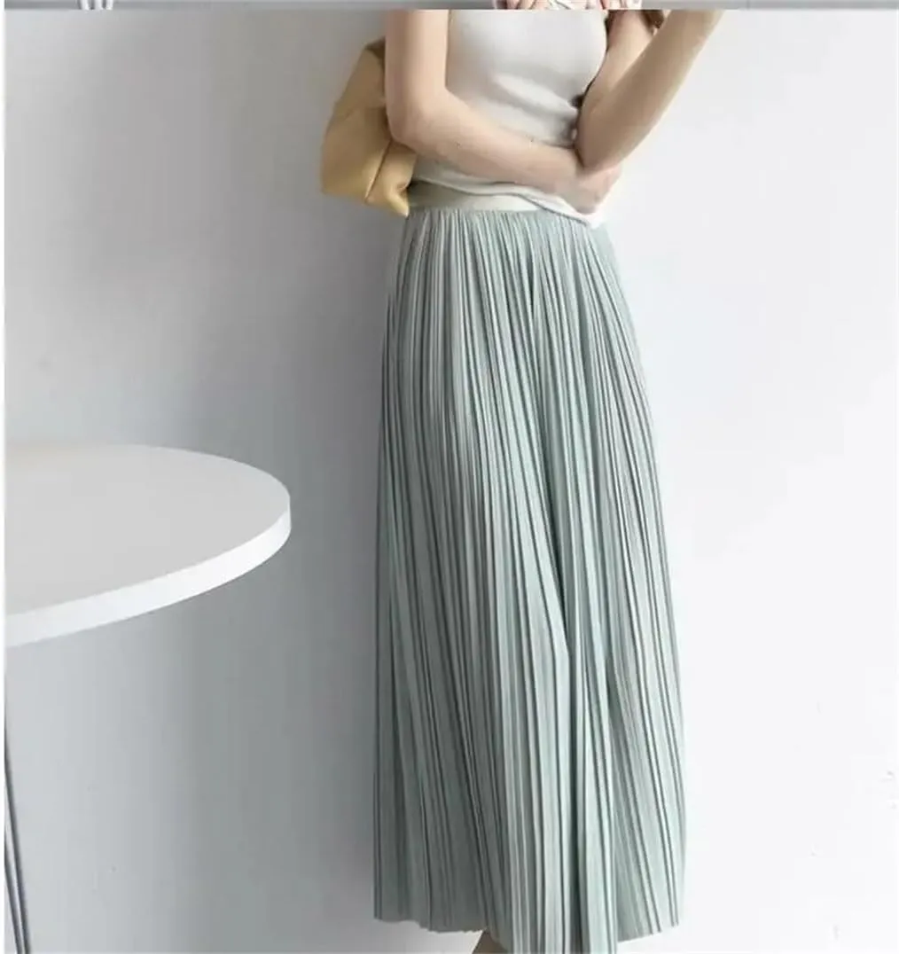 Women's High-Waisted A-Line Skirt Elastic Slim and Large Swing Mid-Length Pleated Skirt