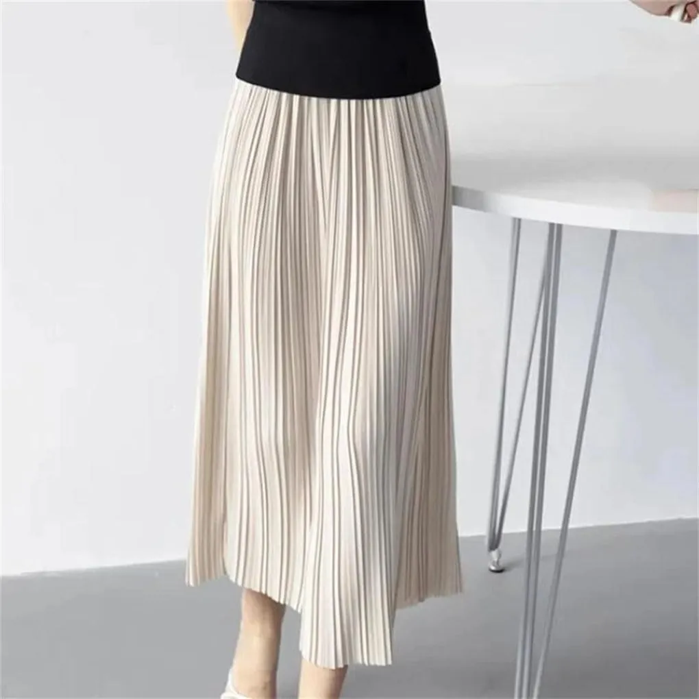Women's High-Waisted A-Line Skirt Elastic Slim and Large Swing Mid-Length Pleated Skirt