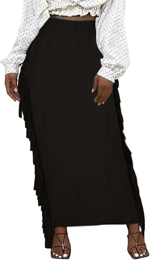 Women's High Waisted Boho Skirts Side Fringe Skirts Pure Comfort Smooth Sexy Skirt Solid Color A Line Skirt Outfit