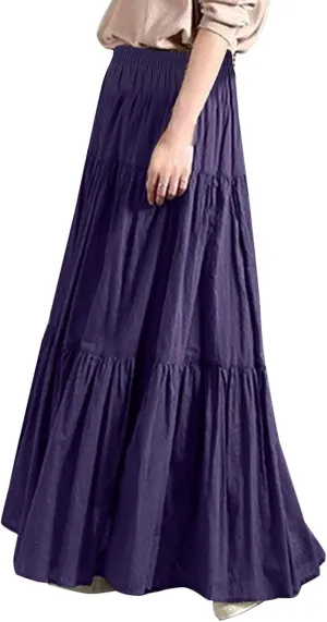 Womens Linen Cotton Maxi Skirt Pleated Elastic High Waist Summer Casual Fashion Elegant Flowy Plus Size Long Skirts