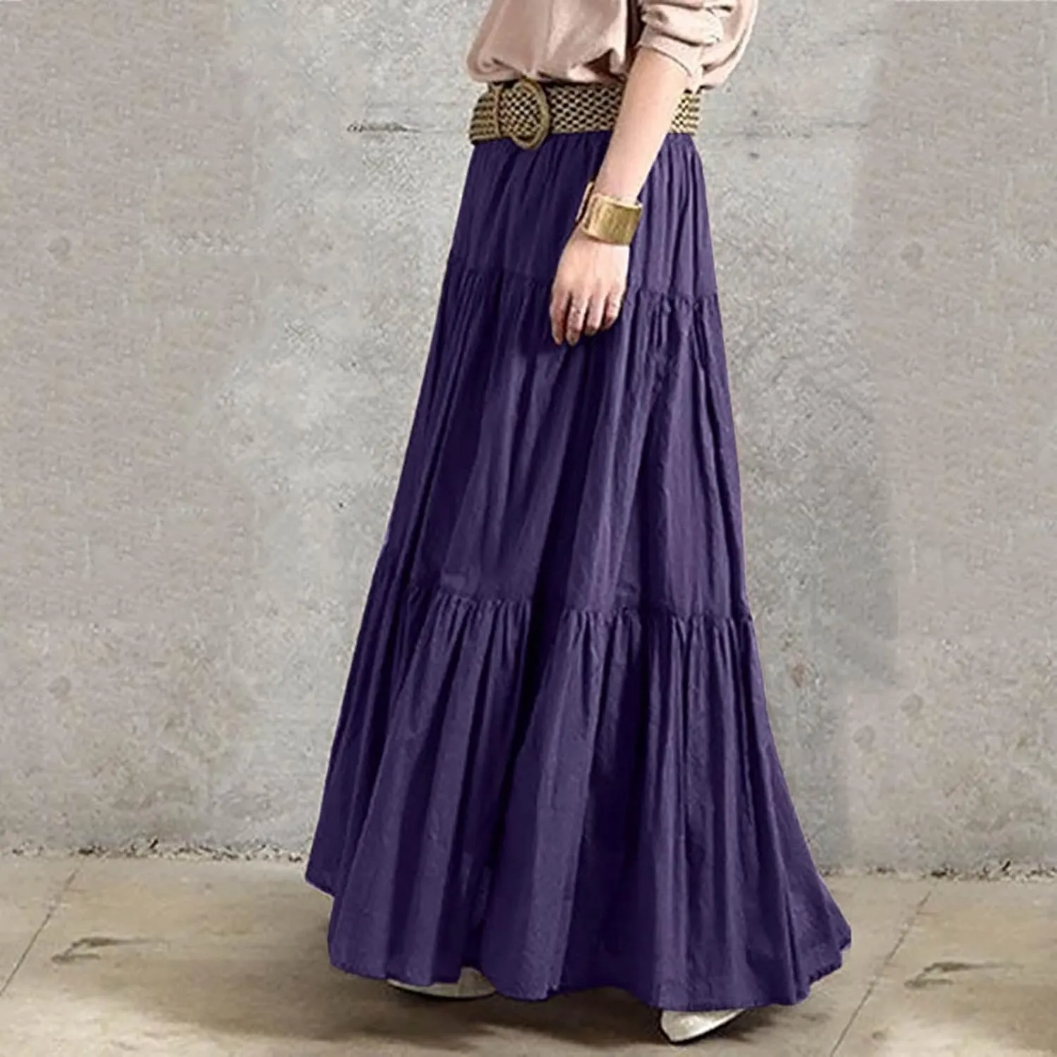 Womens Linen Cotton Maxi Skirt Pleated Elastic High Waist Summer Casual Fashion Elegant Flowy Plus Size Long Skirts