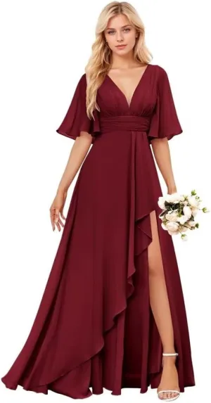Women's Long Formal Bridesmaid Dress for Wedding Short Sleeve V Neck Evening Party Gowns with Slit