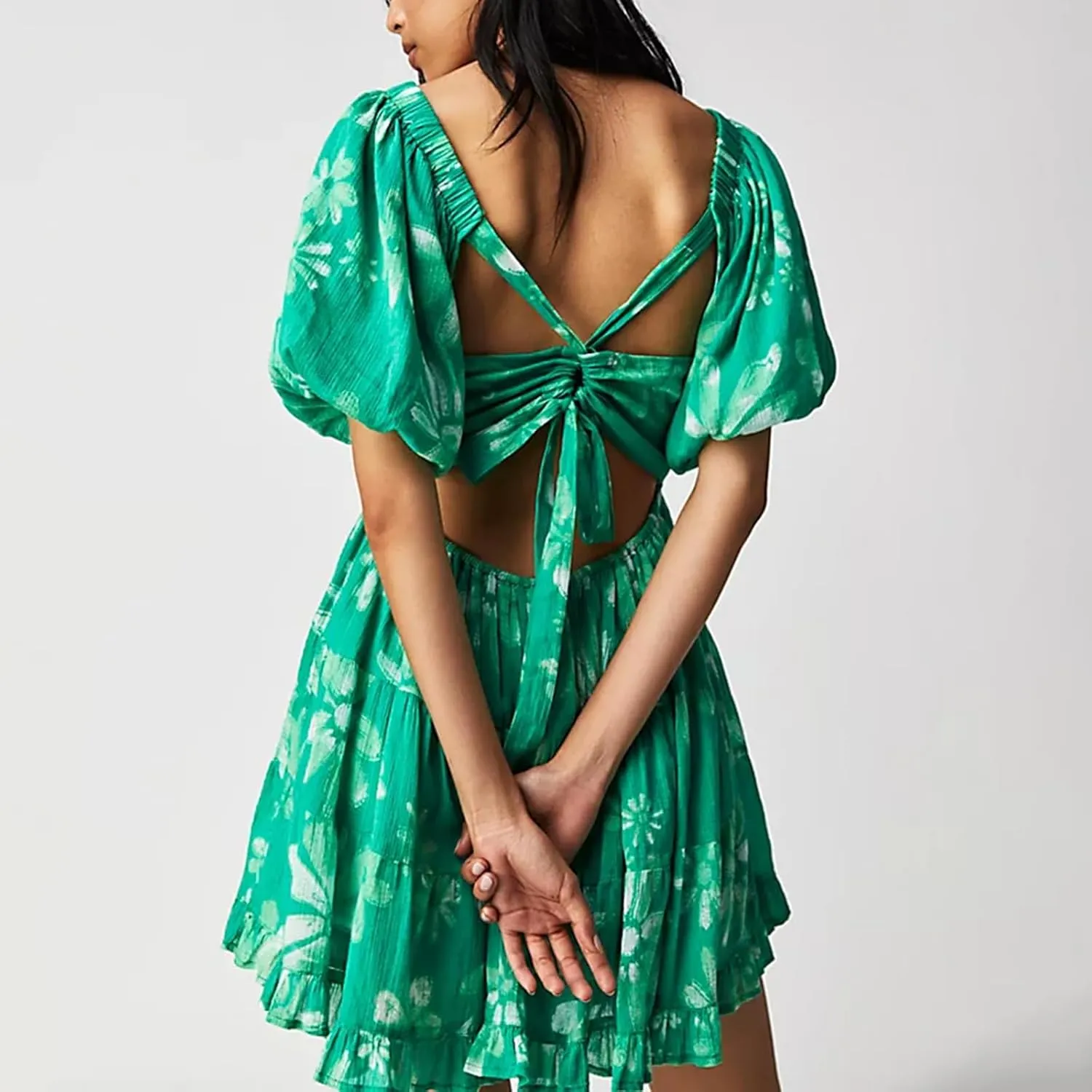 Womens Mini Summer Spring Dresses Casual Knot Front V Neck Ruffles Short Sleeve Floral Print Swing Dress