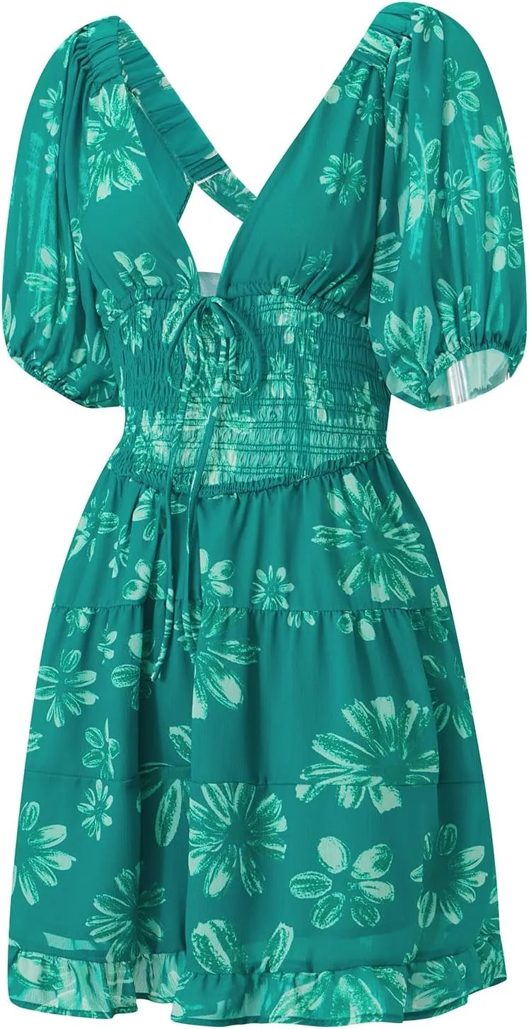 Womens Mini Summer Spring Dresses Casual Knot Front V Neck Ruffles Short Sleeve Floral Print Swing Dress