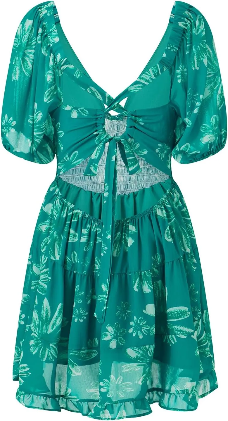 Womens Mini Summer Spring Dresses Casual Knot Front V Neck Ruffles Short Sleeve Floral Print Swing Dress