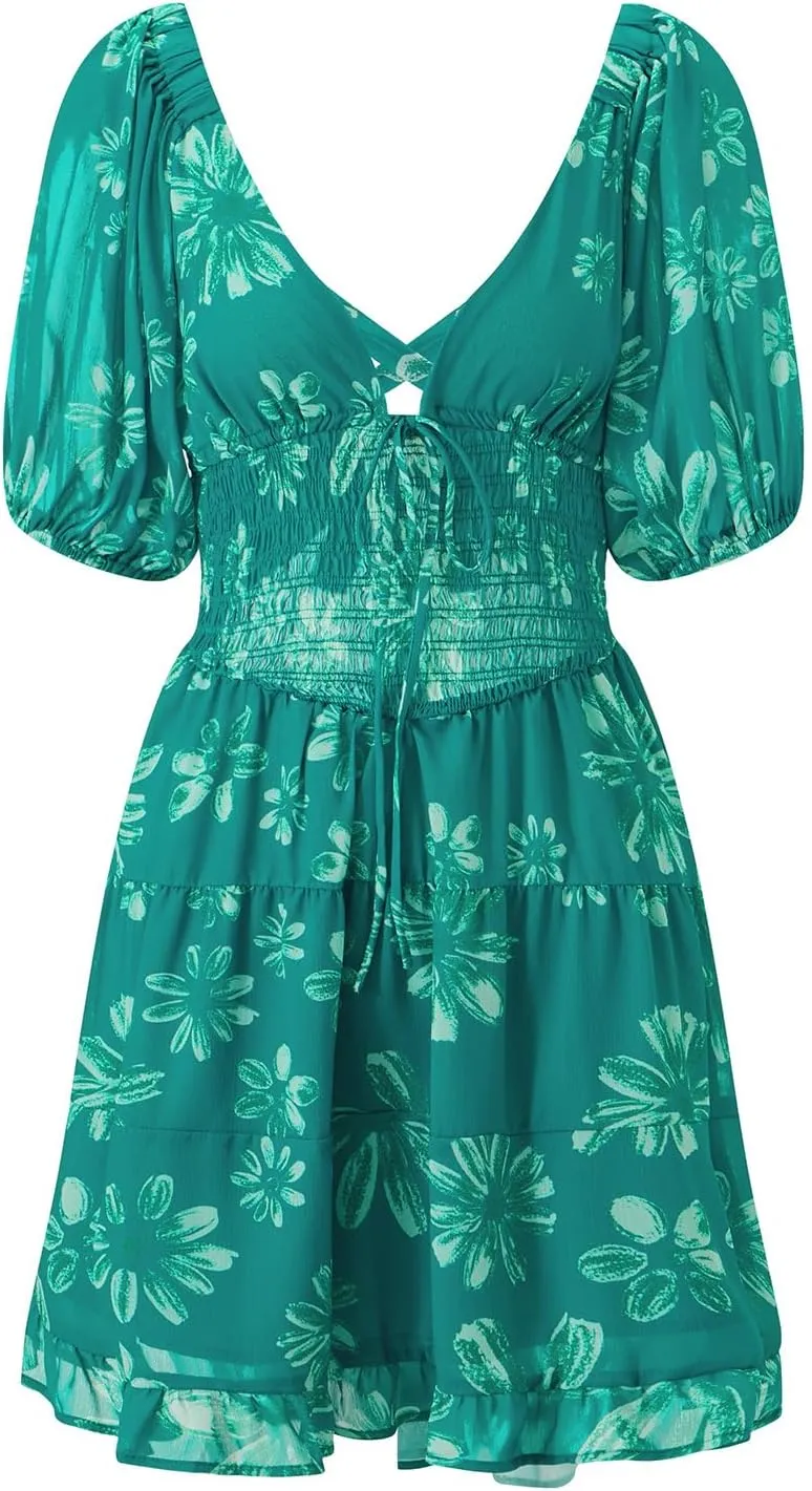 Womens Mini Summer Spring Dresses Casual Knot Front V Neck Ruffles Short Sleeve Floral Print Swing Dress