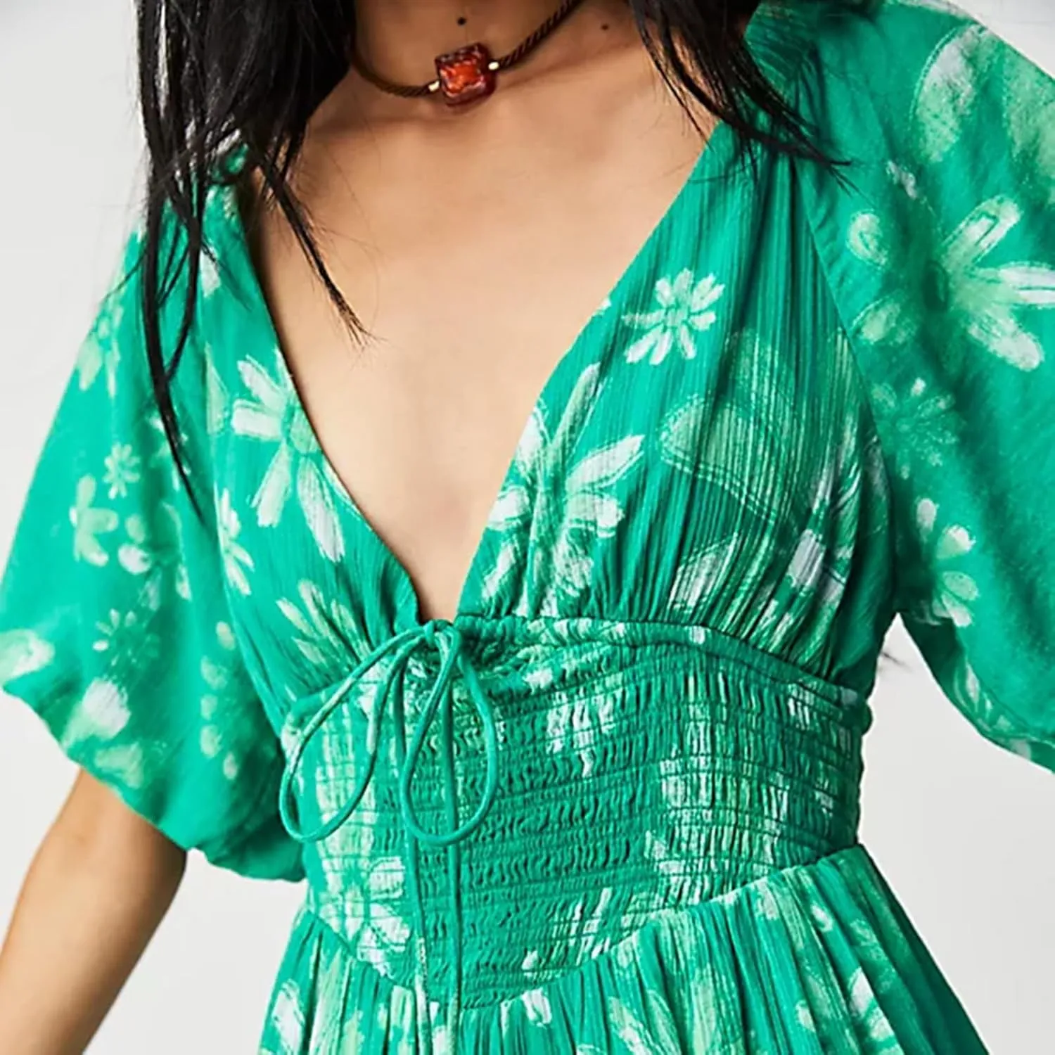 Womens Mini Summer Spring Dresses Casual Knot Front V Neck Ruffles Short Sleeve Floral Print Swing Dress
