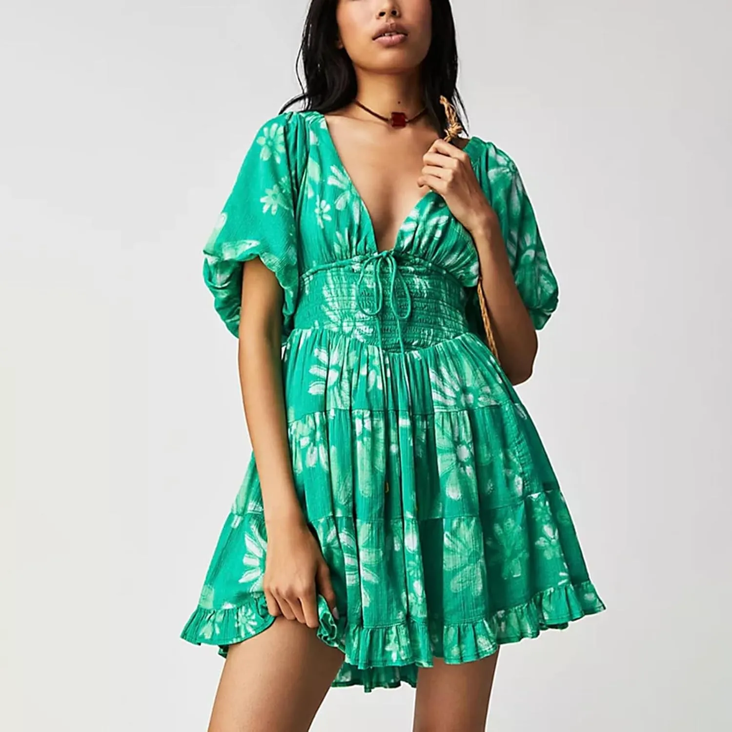 Womens Mini Summer Spring Dresses Casual Knot Front V Neck Ruffles Short Sleeve Floral Print Swing Dress