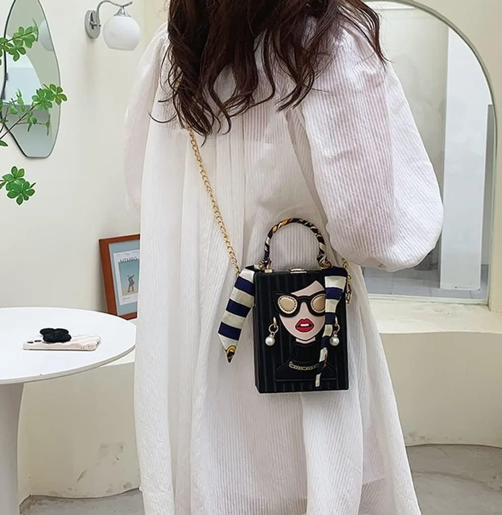 Women's Novelty Handbag 3D Lady Face Design with Crocodile Pattern Leather Funky Tote Crossbody Hobo Purse