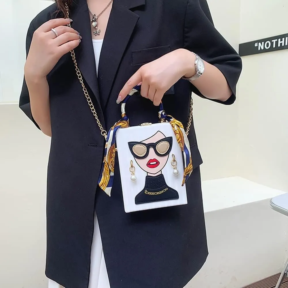 Women's Novelty Handbag 3D Lady Face Design with Crocodile Pattern Leather Funky Tote Crossbody Hobo Purse
