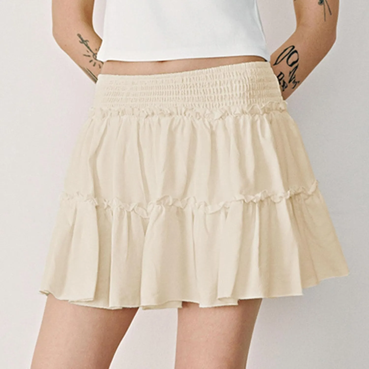 Women's Pleated Skater Skirt High Waisted Layered Ruffles Flared Mini Short Skirts Summer Beach Vacation Skirts