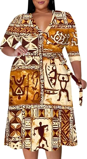 Women's Plus Size Dress 3/4 Sleeves Sexy Deep V Neck African Art Pattern Print Midi Dress with Belt for Curvy Women