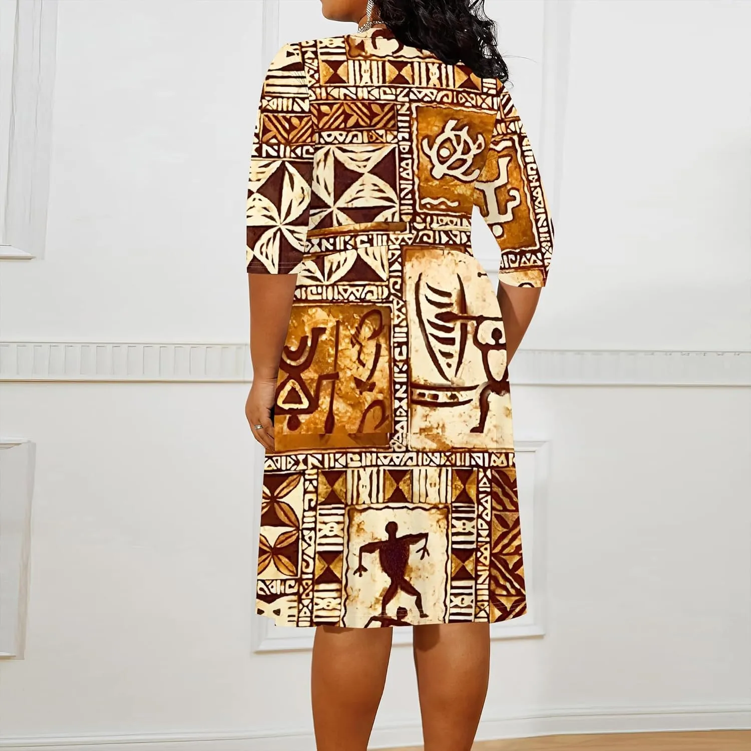 Women's Plus Size Dress 3/4 Sleeves Sexy Deep V Neck African Art Pattern Print Midi Dress with Belt for Curvy Women